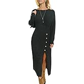 CUPSHE Women's Winter Dresses Pencil Bodyon Long Sleeve Crew Neck Button Front Slit Casual Knitted Midi Dress