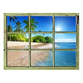 Window View Wall Mural - Tropical Beach with Palm Trees - Vintage Style Wall Decor - Peel and Stick Adhesive Vinyl Material - 24x32 inches