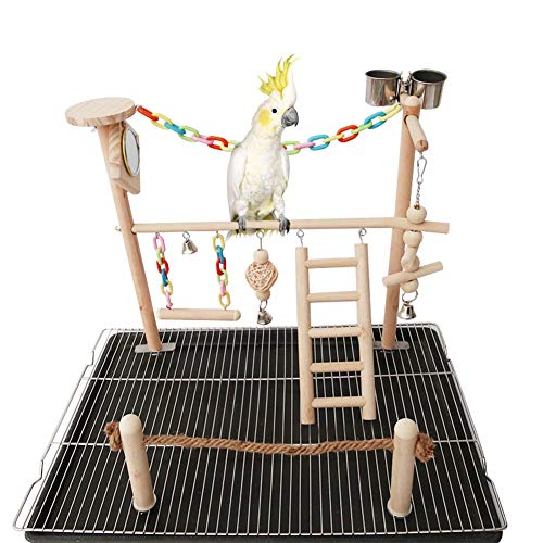 Adnikia Bird Cage Play Stand Toy Set, Bird Playground Gym Hanging Chewing Toys Ladder Swing Accessories for Conure, Parakeets, Budgie, Cockatiels, Lovebirds, Parrot Wood Perch Cage Toys