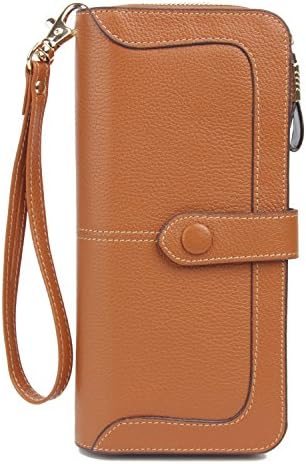 Anvesino Women's RFID Blocking Real Leather Wallet Ladies Zipper Wristlet Clutch Brown-2