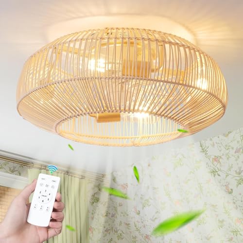 Photo 1 of 20'' Boho Rattan Ceiling Fan with Light, Coastal Caged Ceiling Fans with Lights and Remote Control, Enclosed Hidden Flush Mount with Reversible 6 Speeds for Living Room Bedroom Nursery