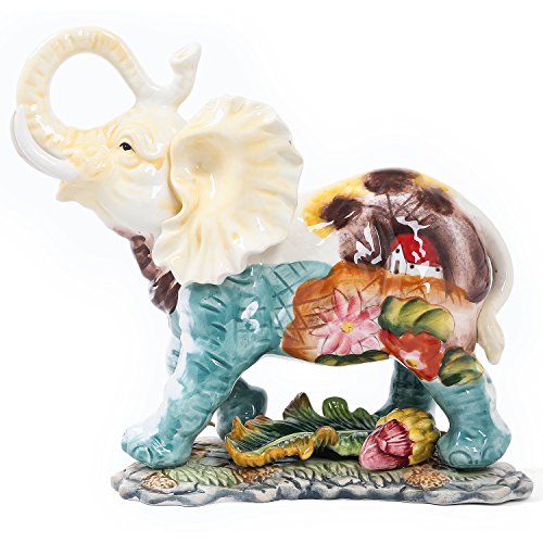 FORLONG FL6016 Ceramic Collectible Figurines Statueï¼Œ3D Hand-Painted Elephant with Trunk Raised Statue Decorationï¼ˆSmallï¼‰