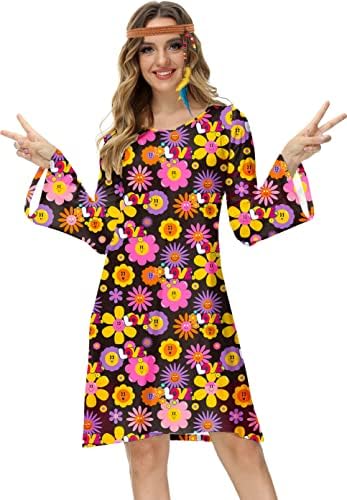 Amazon.com: Amfcv Women Hippie Outfits 70s Vintage Dress with Headband  Costume for Party Hallowen(S,B01) : Clothing, Shoes & Jewelry