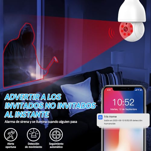 E T EASYTAO | 2PCS Q17 Foco con Camara de Seguridad WiFi, 2MP Camara de Foco 360°, iCSee Tris Home App, Base E27, Visión Nocturna, Audio Bidireccional, Detección de Movimiento, Compatible con Alexa