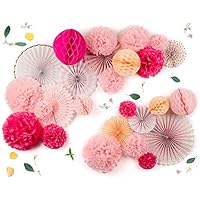 PapaKit Deluxe Origami Large Wall Decoration Set (Assorted Paper Fans & Pom-poms) Birthday Party Baby Shower Wedding Event Decor | Creative Art Design (Sparking Pink Rose Blush, Deluxe 26 Piece Set)
