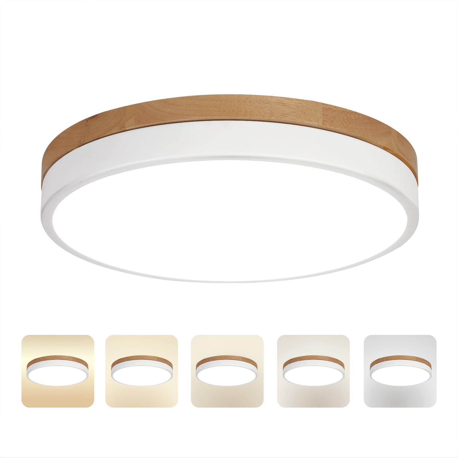 Photo 1 of 11.8 inch Wood Led Flush Mount Ceiling Light, Dimmable, 5CCT 3000K-6000K Selectable, 36W, 3600LM, Round Modern White Light Fixture Ceiling Mount for Bedroom, Laundry Room,Kitchen, Hallway, White