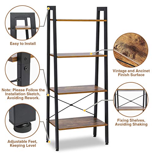 image for KINGSO Industrial Ladder Shelf 4-Tier Shelves Vintage Rustic Storage R
