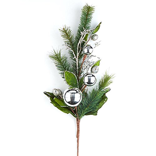 Factory Direct Craft Artificial Pine Pick Accented with Silver Ball Ornament and Silver Glitter For Floral Arranging, Crafting and Creating