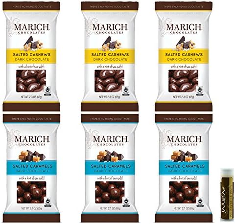 Marich Dark Chocolate Variety Set - Dark Chocolate Sea Salt Salted Cashews &amp; Dark Chocolate Sea Salt Salted Caramels Pack of 6 (3 of ea) with a Jarosa Bee Organic Chocolate Bliss Lip Balm