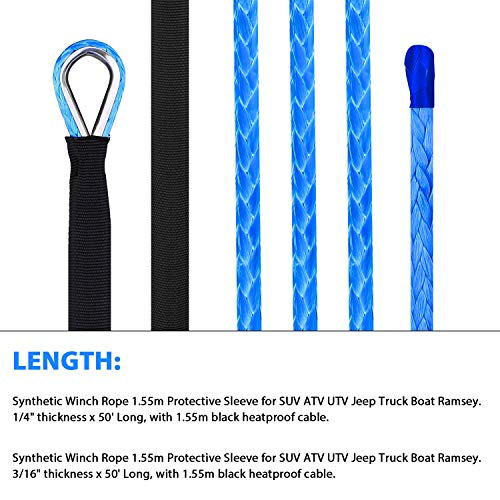NELOMO 50'x3/16 Strong Durable Synthetic Winch Rope 5000-5500LBS Blue Fastness for ATV UTV KFI Vehicle Car Motorcycle (Blue, 3/16")