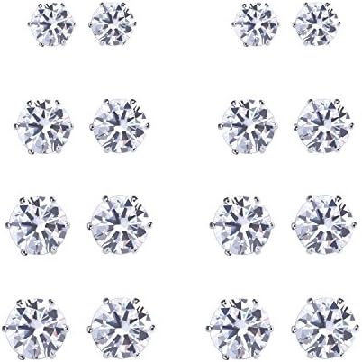 Modebox Cubic Zirconia Stainless Steel Stud Earrings Set Round Clear Rhinestone Hypoallergenic (8 Pairs)