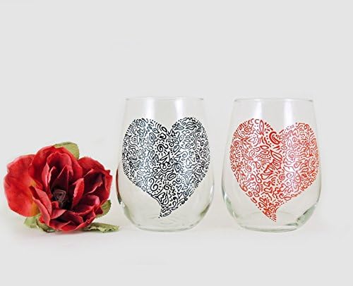 Hand painted stemless heart wine glasses