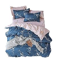 BeddingWish Polyester Floral Duvet Cover Sets for Women Girls White Orange Flowers String Printed 1 Comforter Cover with Ziper + 2 Pillowcases, Navy Blue Beige Queen Size