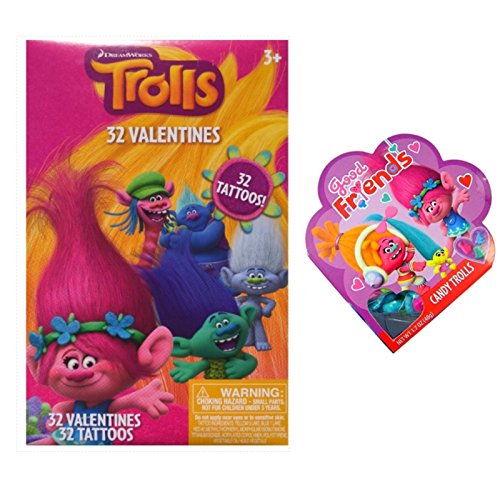 Dreamworks Trolls Valentines Day 32 Cards Tattoos and Heart Candy for the Teacher