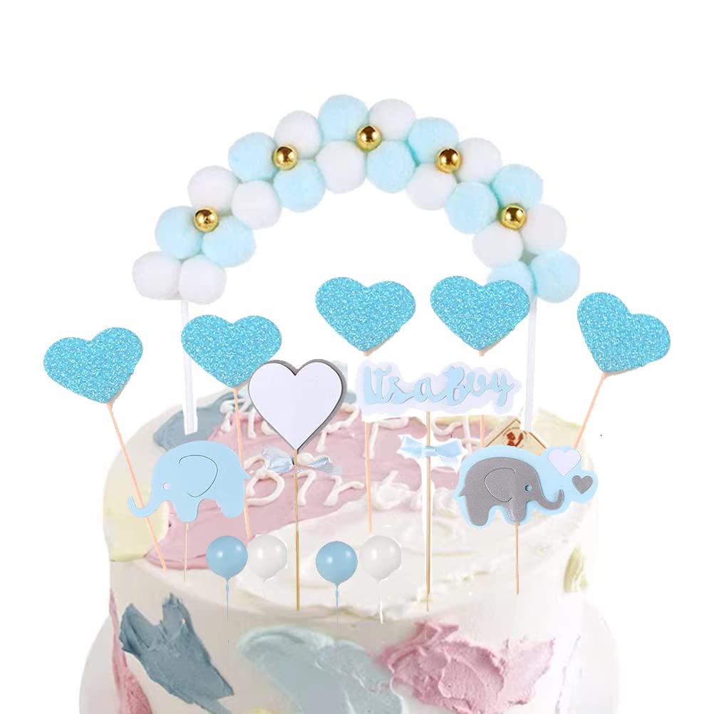 MiaLover Pack of 14 Cake Decorations Boy Baby Shower Cake Topper Cake Decoration Baby Shower Blue It's a Boy Cake Topper Elephant Cake Accessories Cake Decoration Baby Christening
