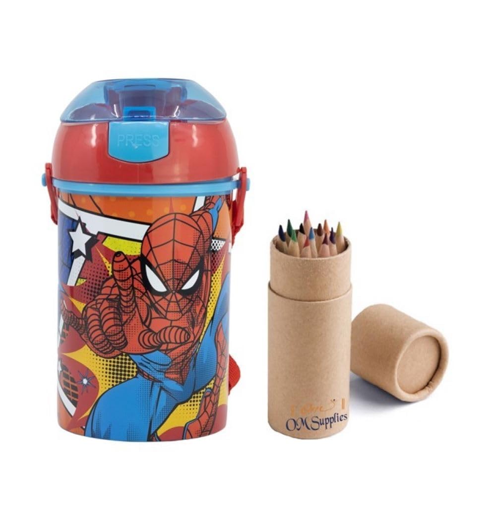 OM SUPPLIES Spiderman Pop Up Water Bottle Drink Bottle Flask with Neck Cord for Easy Carry School Lunch Kids Childrens 450ml Includes Half Size 12pcs Pencil Set (Spiderman)
