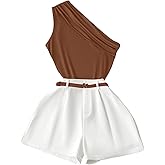 WDIRARA Women's 2 Piece Outfits One Shoulder Asymmetrical Sleeveless Tank Belted Shorts Set