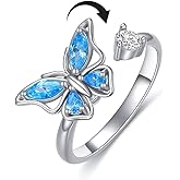OIDIMS Blue Cubic Zirconia Butterfly Spinner Fidget Statement Rings for Women Anxiety Rotate Inspirations Jewelry Meditation Expandable Adjustable Stacking Middle Finger Crystal Ring Dainty Lover