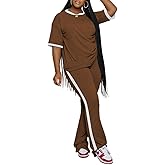 PINSV 2 Piece Sets for Women Summer Casual Short Sleeve Top and Flare Pants Lounge Sets