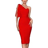 houstil Women's One Shoulder Cocktail Bandage Dress Midi Party Mesh Bow Bodycon Wedding Guest Dresses