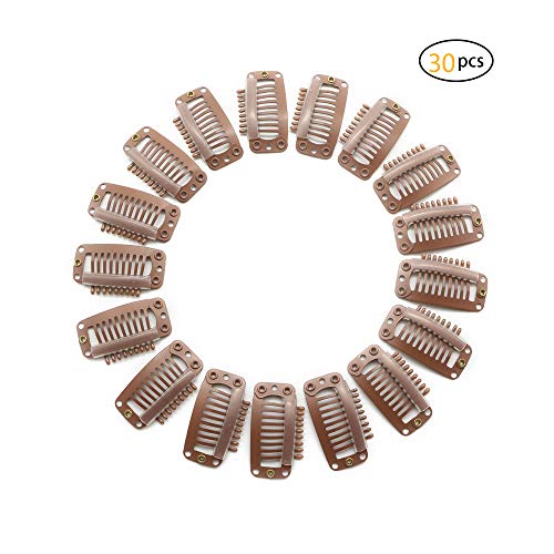 Dofash 30Pcs 9-Teeth 3.2Cm/1.26″ Snap-Comb Wig Clips With Rubber For Hair Extension With Delicate Box For Girls (Light Brown)