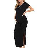 Smallshow Women's Split Long Maternity Dress Short Sleeve Ruched Pregnancy Clothes