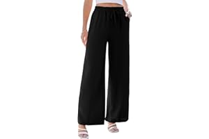 EVALESS Wide Leg Pants for Women Summer Casual Drawstring Elastic High Waisted Pants Comfy Flowy Trousers with 4 Pockets