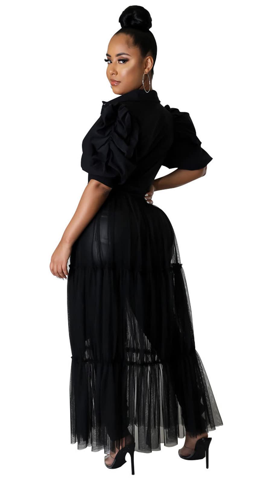 Ekaliy Women Sexy Short Sleeve Bodycon High Low Asymmetrical Ruffle Tunics Blouse Shirt Top Dress