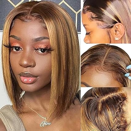 Lace Front Bob Wig Human Hair 13X4 HD Bob Lace Frontal Wig Short Straight Brazilian Virgin Human Hair 150% Density Highlight Ombre P4/27 Color (10 inch)
