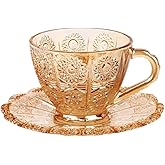 zaoalife Glass Tea Cups Sets, Vintage Embossed Flower Design Set, Glass Cups Set, Luxury Glass Tea Cup Set, Vintage Glass Coffee Mug Cups, Glass Teacups for Tea Party