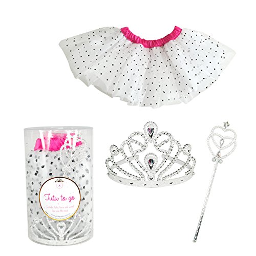 Tutu To Go 3 Piece Set - Cute Princess Dress Up Set Includes Tutu, Tiara and Wand - Fun Girlie, Ballerina, Fairy Role Playing Set (White Polka Dot)