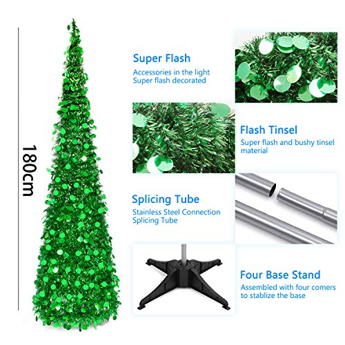 MACTING 6ft Pop up Christmas Tinsel Tree with Stand Easy-Assembly Tinsel Coastal Glittery Christmas Tree for Holiday Xmas Decorations(6FT Green)