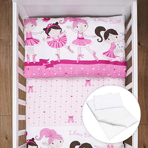Baby Comfort 4 Piece Toddler Kids Cot Bed Set 135x100 cm Duvet Pillow Duvet Cover Pillowcase 12M+ (Pink Ballet)