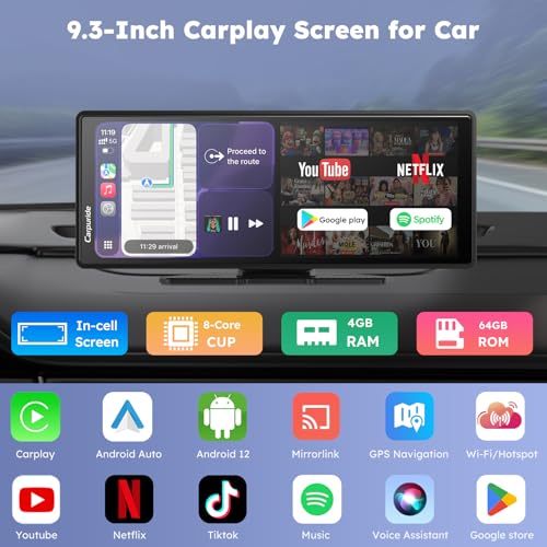 CARPURIDE W903Plus Wireless CarPlay e Android Auto 4+64 GB, schermo touch HD IPS da 9,3" CarPlay per auto, GPS online e offline, Google Play, Mirror Link, Bluetooth, antenna GPS, telecamera posteriore