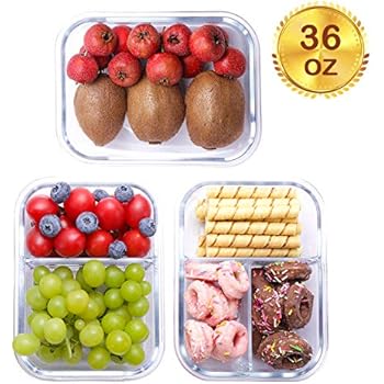 Glass Meal Prep Containers 1/2/3 Compartment[3-Pack, 36oz],Airtight Glass lunch Containers with Lids,Glass Food Storage Containers BPA-Free,Microwave, Oven, Freezer, Dishwasher Safe