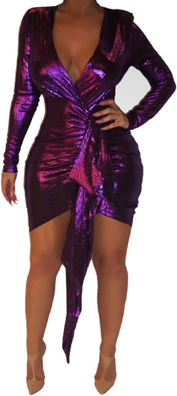 YiershuWomen's Sexy V Neck Dresses Bodycon Long Sleeve Sparkly Breathable Pencil Dress Slim Fit for Party Club Night