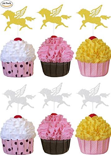 Unicorn Cupcake Toppers Cheese Dessert Picks Perfect for Unicorn Themed Baby Shower Party or Birthday Party Decoration Gold&amp;Silver Glitter 24PCs