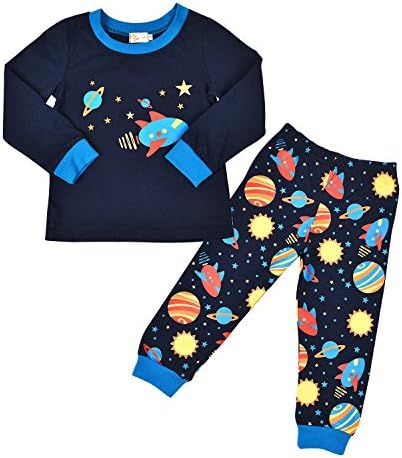 Tecrok Little Boys Pajamas Sets Cotton Toddlers PJS Clothes Cartoon Space Print Pants Set (3-4 Years, Blue)