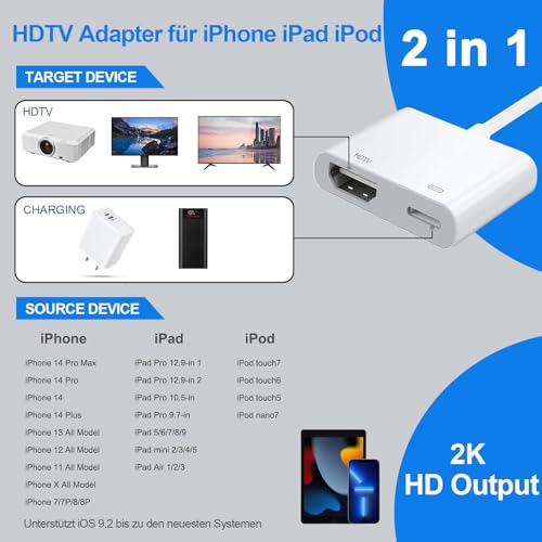 Denlane HDMI Digital AV Adapter for iPhone iPad - 1080P Video Audio Sync Display Converter Compatible with TV/HDTV/Monitor/Projector - Plug and Play