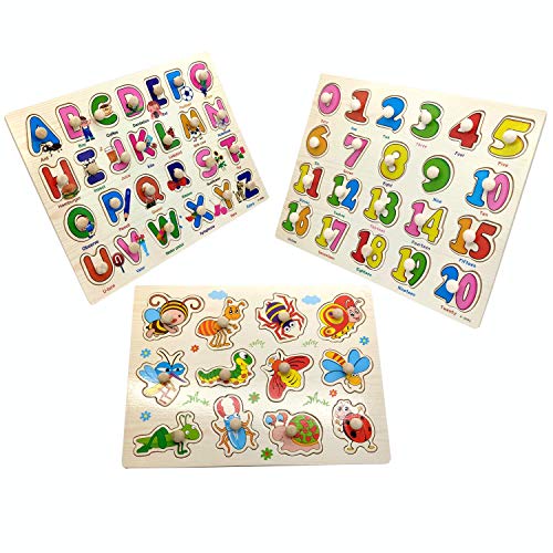 Wooden Puzzle Board(Set of 3) - Wooden Numbers, Alphabet and Insect Puzzle,Best Educational Gifts for Preschool Boys and Girls Ages 2-6 Years Old