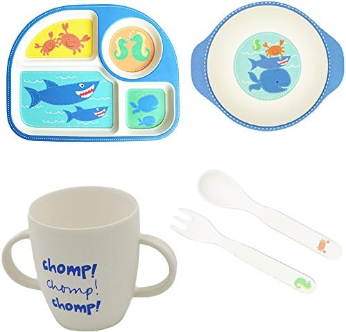 Bamboo Plates More Eco-Friendly, Cartoon Dinner Plate Sets Easily Wash Clean, 5 Pieces Kids Meal Sets For 1-6 Years Old Children's Tableware Gift-Set（Shark)