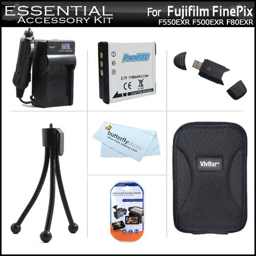 Essential Accessory Kit For Fujifilm FinePix F550EXR F500EXR F80EXR F600EXR F505 Digital Camera Includes Replacement (1100Mah) NP-50 Battery + AC/DC Rapid Travel Charger + Hard Case + USB 2.0 SD Reader + Screen Protectors +More