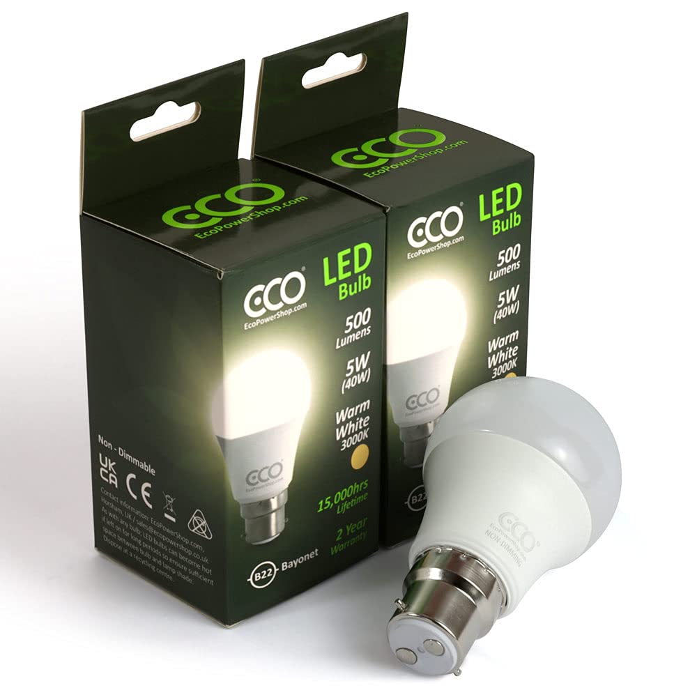 ECO 40W 2 Pin Bayonet B22 Energy Saving LED Light Bulbs, Low Energy 5W LED, Bright 500 Lumens, 15,000Hrs Lifetime.
