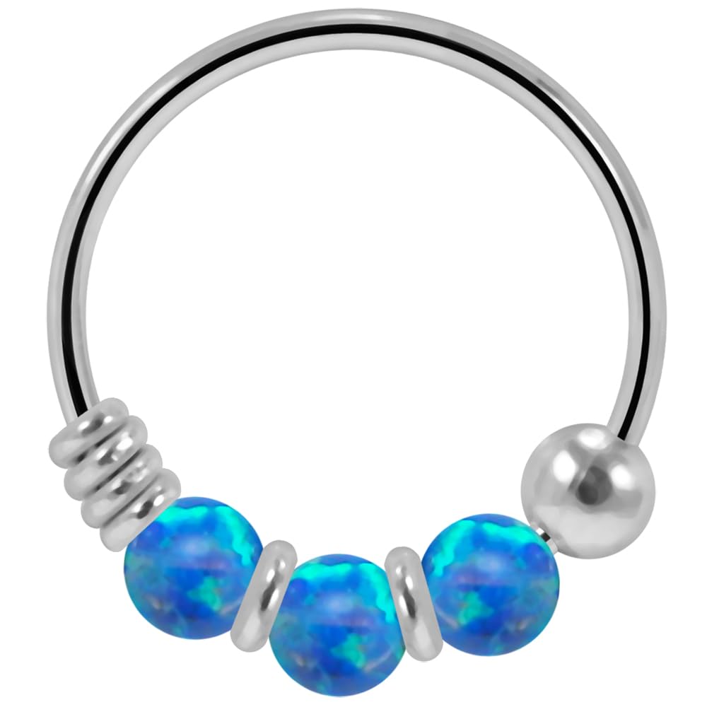 AZARIO LONDON 9K White Gold Nose Ring Triple Blue Opal Bead 22 Gauge Hoop — image 1