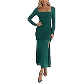 Hocuos Women's Spring Long Sleeve Square Neck Mesh Ruched Bodycon Maxi Dresses Split Cocktail Wedding Guest Long Dress