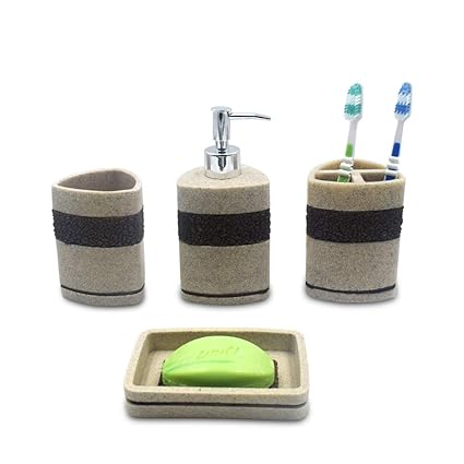 Sterling Natural Stone Finish Polyresign 4 Pieces Bathroom Set-Liquid Soap Dispenser, Toothbrush Holder, Tumbler & Soap Dish Holder (Beige)