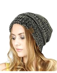 Apparel: NYfashion101 Exclusive Unisex Two Tone Warm Cable Knit Thick Slouch Beanie Cap, Black/Dark Beige