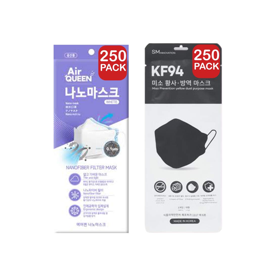 [500Pack] 250 pack Air Queen Nano Mask White 3-Layer Face Safety Mask for Adult + 250 pack Miso 4-La
