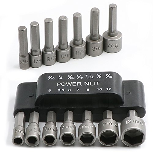14 PCS Quick-Change Power Nut Driver Bit Set,Electronic 3/16" 1/4" 9/32" 5/16" 11/32" 3/8" 7/16" 5,5.5,6,7,8,10,12mm He-Shank Socket Adapter,Made by Chrome Vanadium Steel
