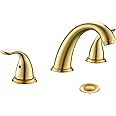 Phiestina 8 Inch Brushed Gold Widespread 2-Handle 3 Hole Bathroom Faucet with Metal Pop-Up Drain Assembly, Low Arc Bathroom Sink Faucet,WF008-5-BG